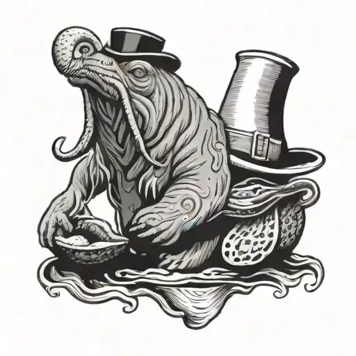 walrus with Top hat holding a scroll and reading to oysters tattoo design idea
