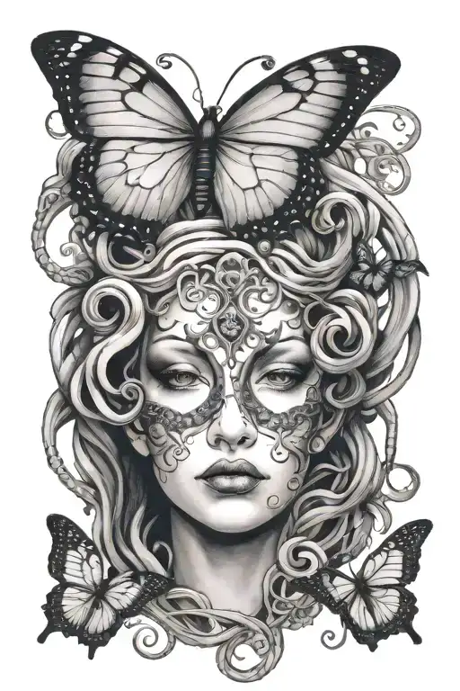 medusa mythology, semicolon, butterfly tattoo design idea