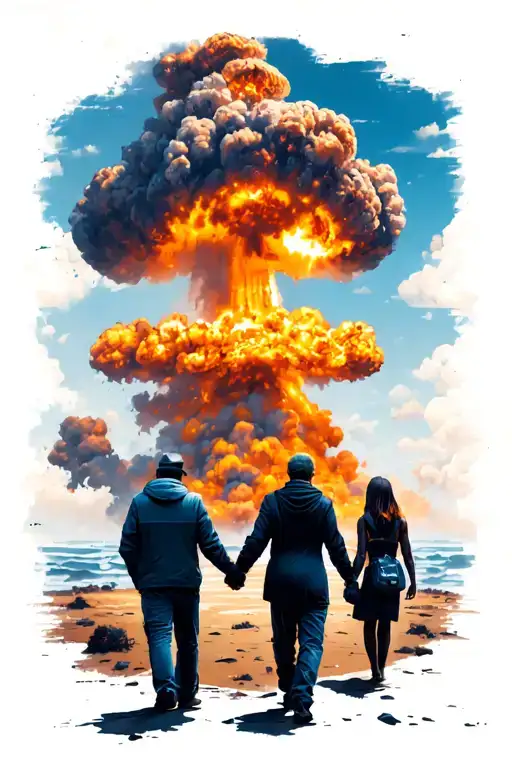 A graphic designer creating a surrealistic scene of two people walking holding hands with a nuclear explosion in the background, accompanied by the words 'I will be with you until the world blows up' tattoo design idea