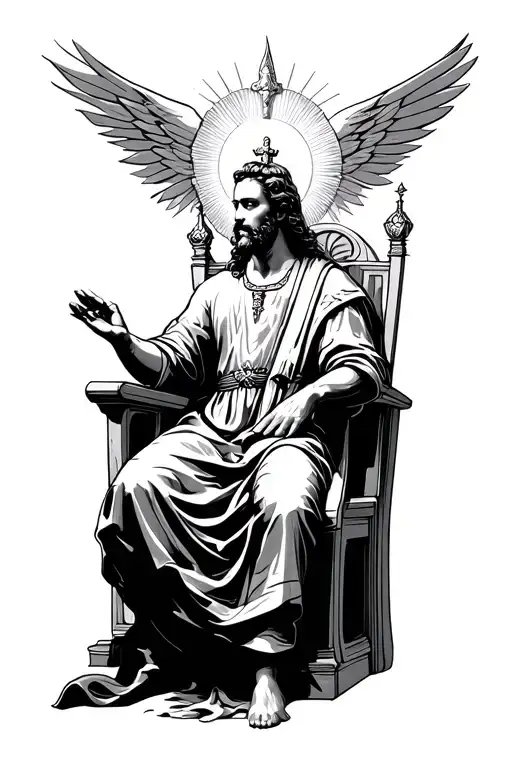Make a tattoo sketch of the King of Heaven sitting on his throne with his hand in the light tattoo design idea