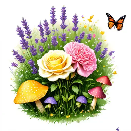 English garden scene with lavender, pink carnation and yellow rose. place some mushrooms through with butterflies,  tattoo design idea