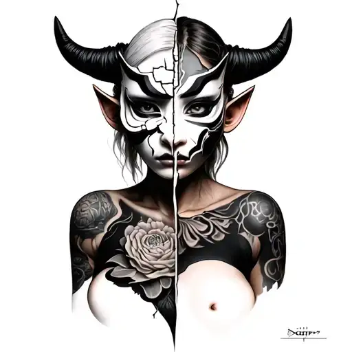 woman wearing broken oni mask split in half tattoo design idea