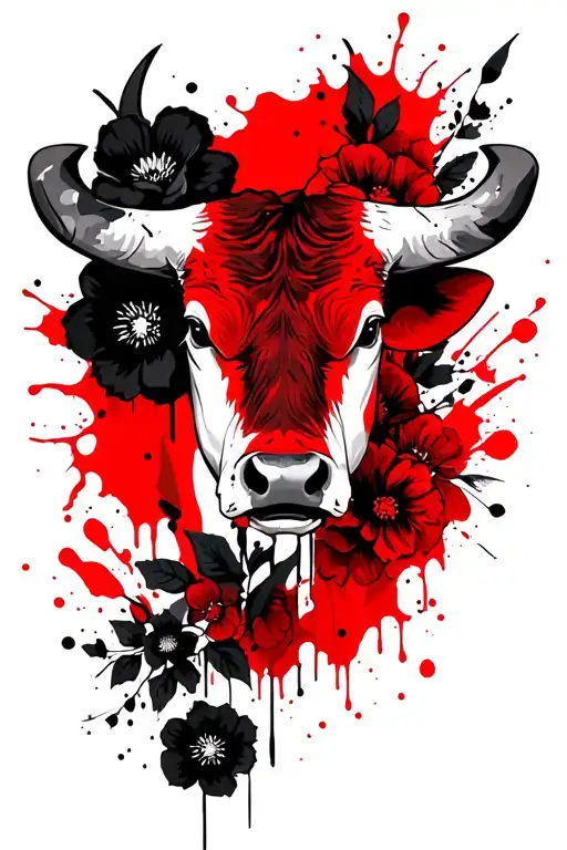 Bull head, black flowers and leaves tattoo design idea
