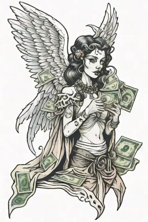 angel woman with money in her teeth tattoo design idea