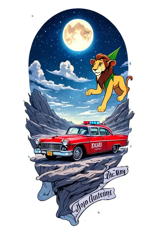 pride rock lion king, Peter Pan night sky, stitch red police car from start of movie tattoo design idea