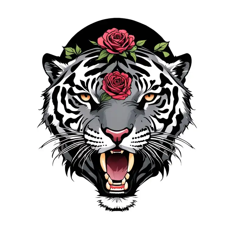 neo traditional two tigers with neo rose  black and grey high contrast  tattoo design idea