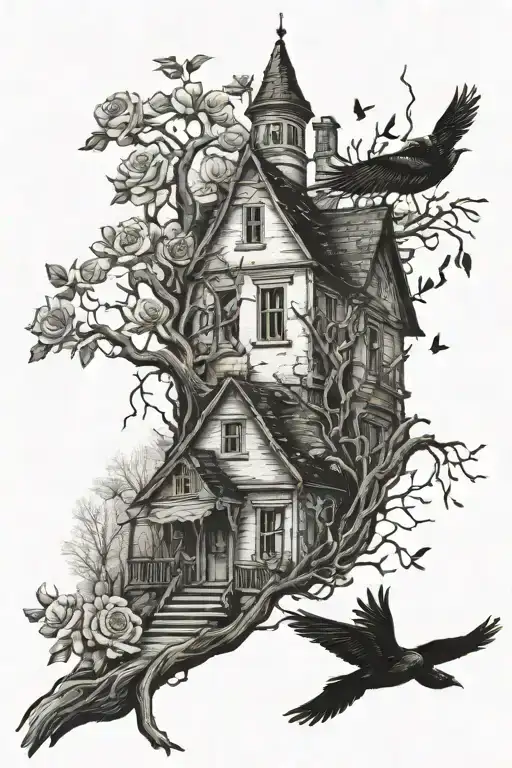 Abandoned Stalin-era house, roses, tree roots, the bird flying away tattoo design idea