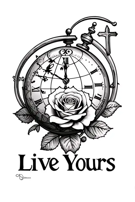 "Live Yours" globe with rose and a cross and clock face tattoo design idea