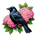 black crow sitting amongst pink hydrangeas blooming tattoo design idea