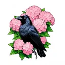black crow sitting amongst pink hydrangeas blooming tattoo design idea