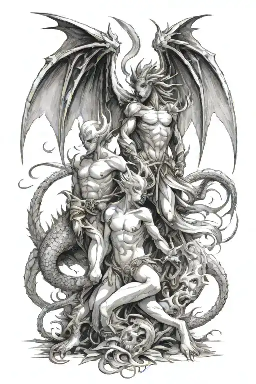 angel demon fight Dragon tattoo design idea