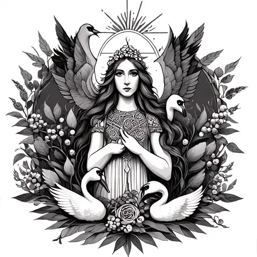 fair haired Celtic Goddess, Aine. surrounded by Swans, rowan berries and the sun tattoo design idea