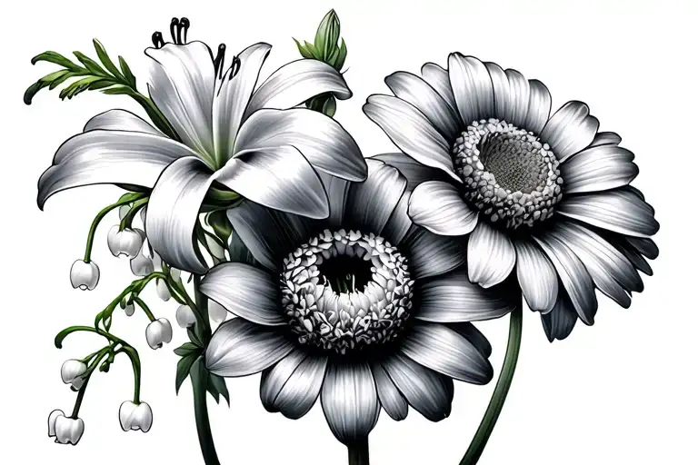 1 lily of the valley and 1 calendula flowers tattoo design idea