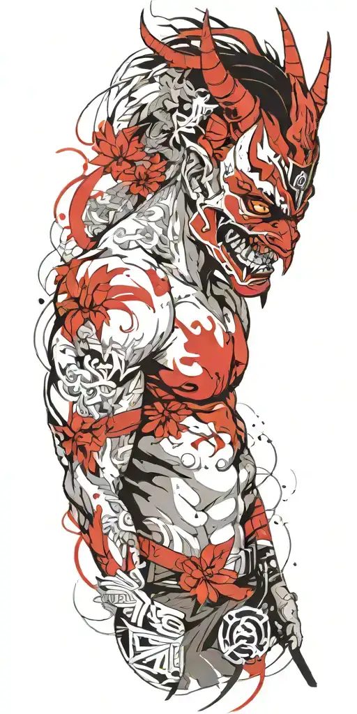 anime character wearing a  oni mask fighting off inner demons tattoo design idea