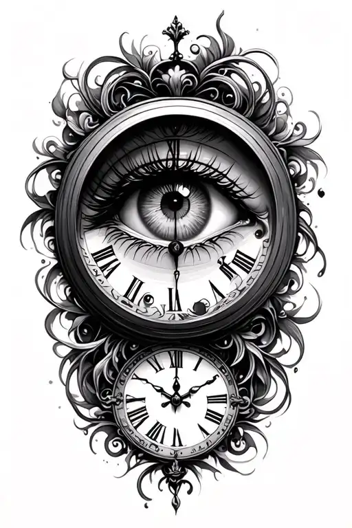 clock with womans eye in it tattoo design idea