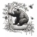 Bear on the ground reaching for honey on a tree trunk with bees flying tattoo design idea