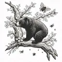 Bear on the ground reaching for honey on a tree trunk with bees flying tattoo design idea