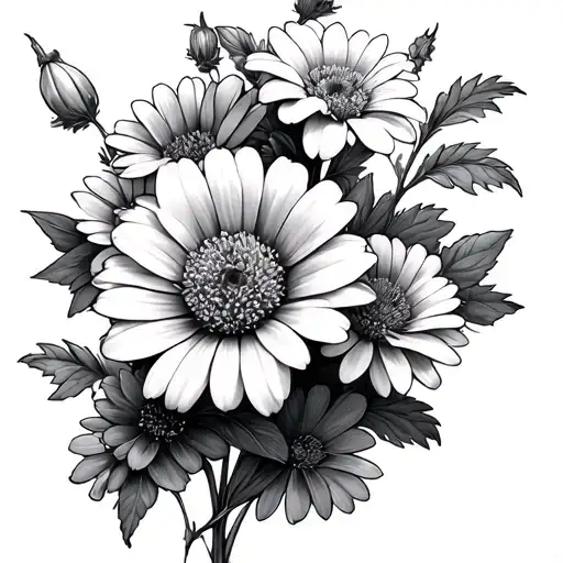 daisys, carnations, clematis flowers intertwined tattoo design idea