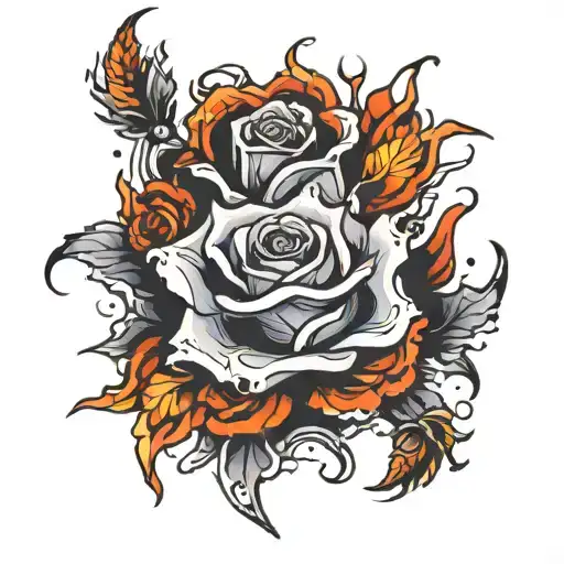 rose made of bones on fire tattoo design idea