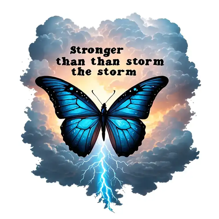 "Stronger than the storm" "Stronger than the storm" "Stronger than the storm" "Stronger than the storm"  "Stronger than the storm" butterfly emerging from storm clouds forming the shape lightening tattoo design idea