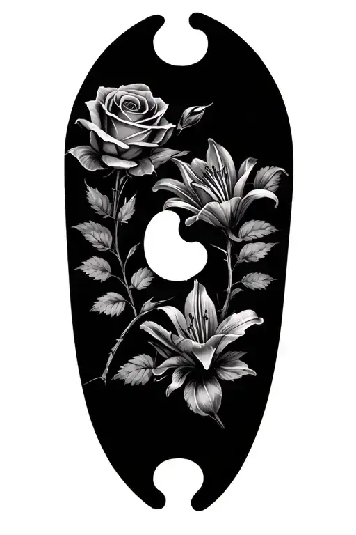 "Katie & Libby" rose, lily intertwined jigsaw puzzle piece tattoo design idea