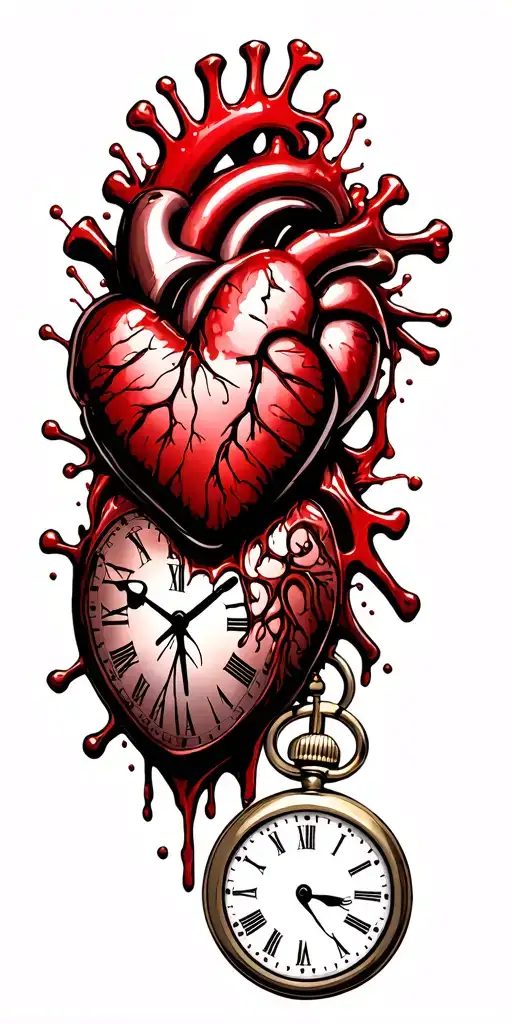 metal heart with blood into pocket watches intertwined with their tattoo design idea