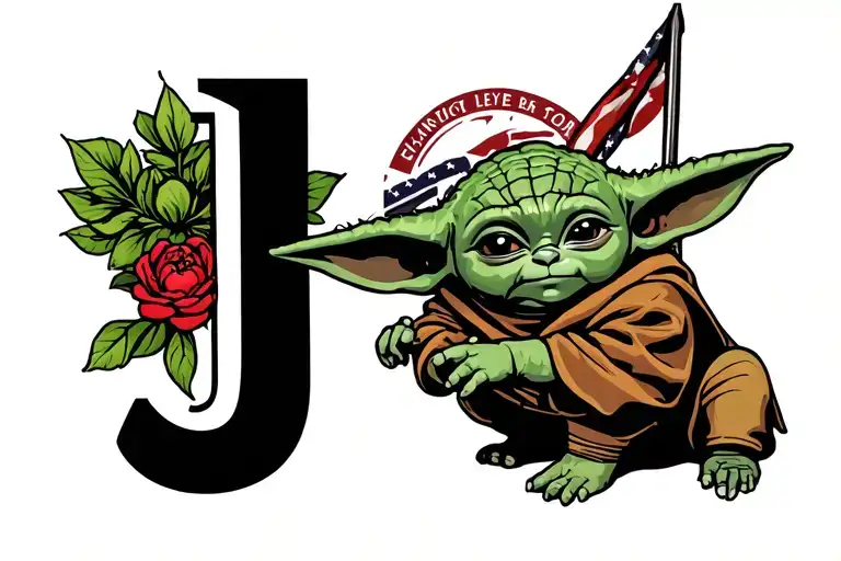 the letter J and baby yoda tattoo design idea