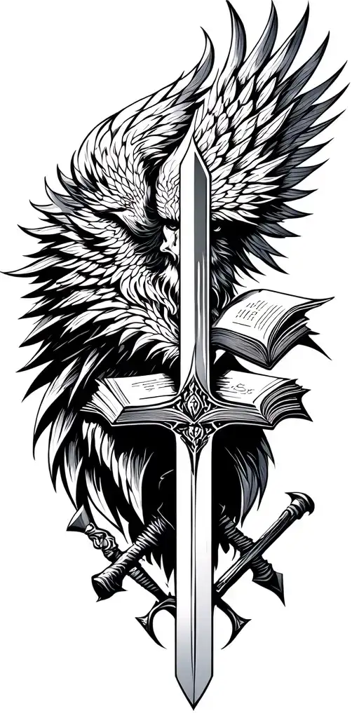 warrior, wizard, blacksmith faces with sword, hammer, book and a Phoenix  tattoo design idea