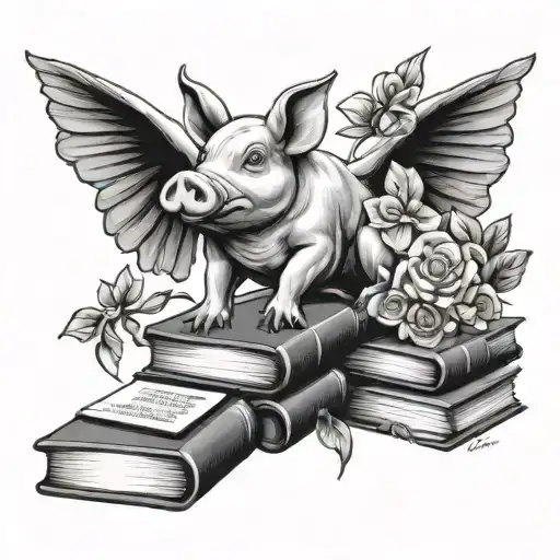books and flowers with flying pig sitting on books tattoo design idea