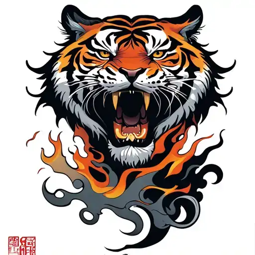 Tiger and fire flames tattoo design idea
