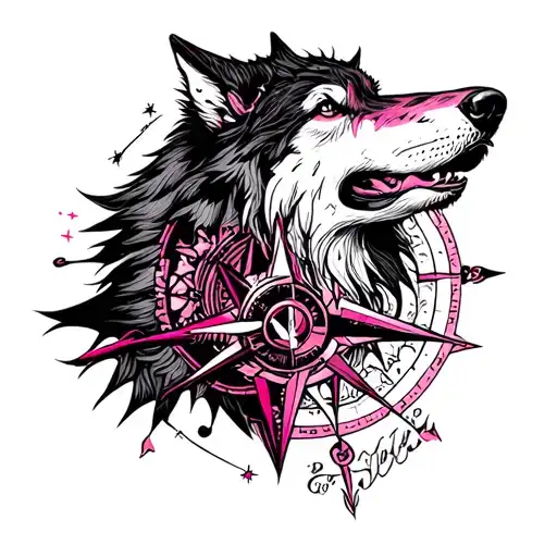 pink wolf and compass tattoo design idea
