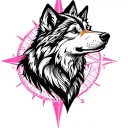 pink wolf and compass tattoo design idea