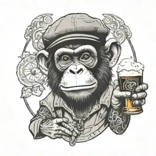 a monkey wearing a flat cap holding a pint glass tattoo design idea