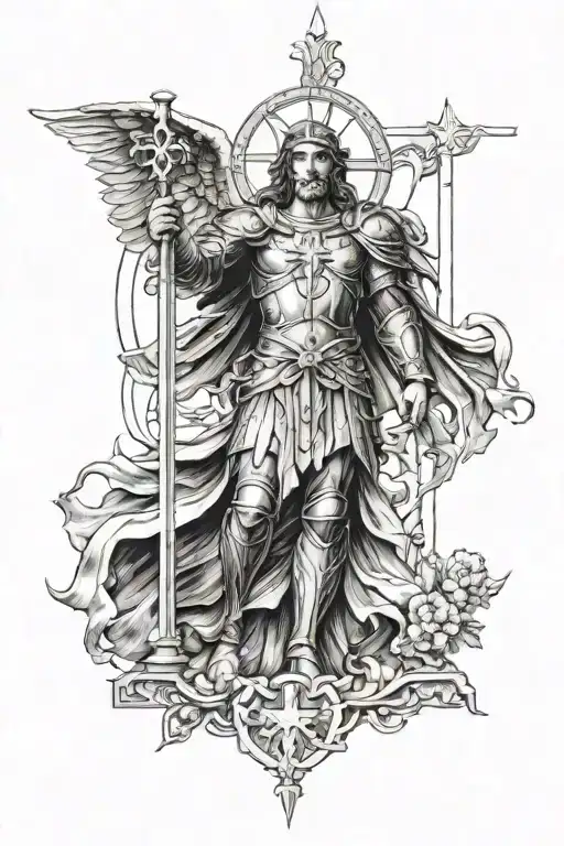 I want a Christian tattoo with archangel michael as a warrior of Christ with a Big cross standing behind him tattoo design idea