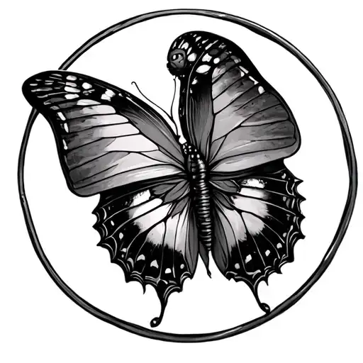 A chrysalis morphing into a butterfly, circle around it for protection. tattoo design idea