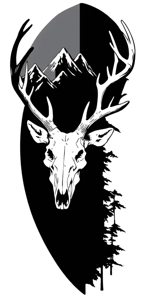 deer skull, trout, mountains tattoo design idea