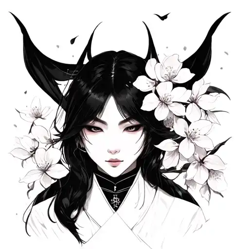 namakubi with cherry blossom background  tattoo design idea