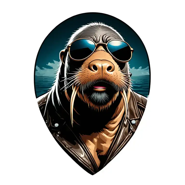 male walrus full body wearing riding leathers and sunglasses with a grey goatee tattoo design idea
