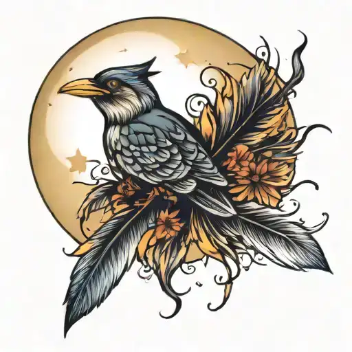 witchy moon and feathers tattoo design idea