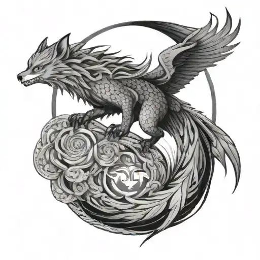 Phoenix and nine tailed fox and moon tattoo design idea