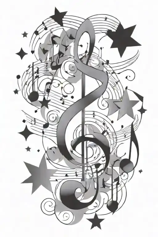 A tattoo design combining musical notes, money signs, and stars to represent the client's love for music and wealth tattoo design idea