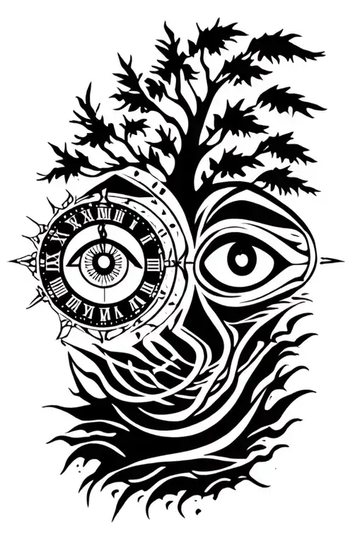 deception and time clock and eyes of horus and tree and eyes  tattoo design idea