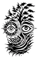 deception and time clock and eyes of horus and tree and eyes  tattoo design idea