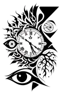 deception and time clock and eyes of horus and tree and eyes  tattoo design idea