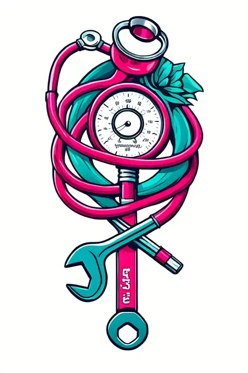 magenta stethoscope wrapped around a wrench tattoo design idea