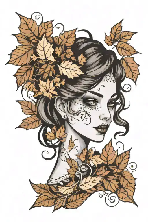 autumn leaves forming the shape of a woman tattoo design idea