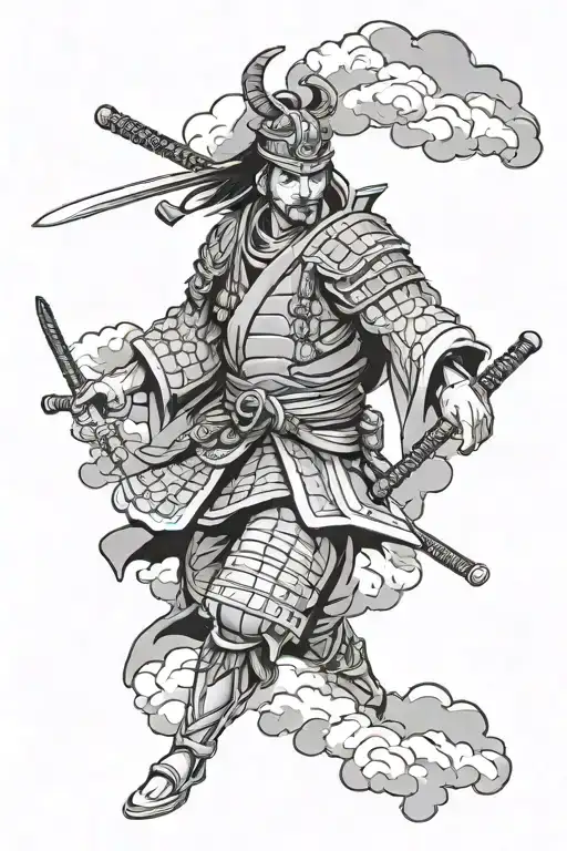 japanese shrine, samurai warrior, anime clouds tattoo design idea