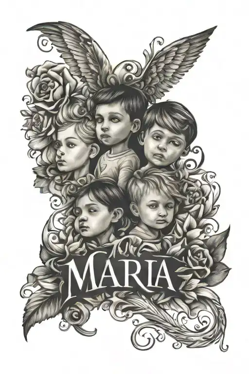 Children's names, Maria, 2014, Daria, 2016, Peter, 2024, Pavel, 2024, style real photo tattoo design idea