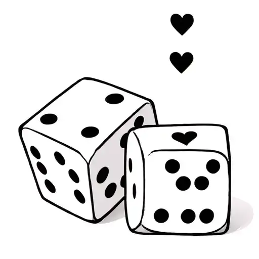 fine line art of two dice with hearts instead of dots, dark moody aesthetic, black and muted tones, soft eerie highlight tattoo design idea