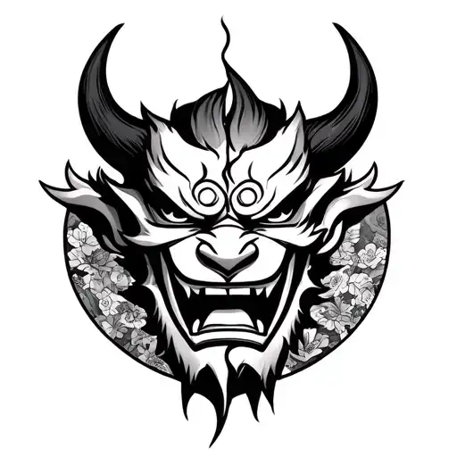 oni mask split in two while surrounded by a traditional Japanese background  tattoo design idea